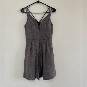 Crystal Doll Metallic Glitter V-Neck Fit Flare Dress Silver Gunmetal 7‎ (735)